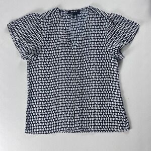 DKNY Womens XXS Navy Blue White Polka Dot V-Neck Flutter Sleeve Blouse Top